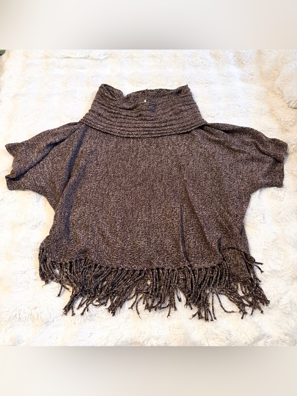NY Collection Brown Fringe Cowl-Neck Short-Sleeve Sweater